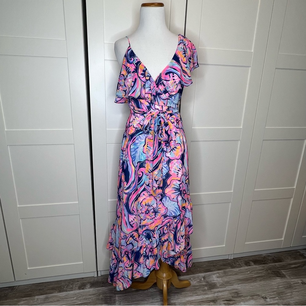 Lilly Pulitzer Marianna Dress Nauru Navy Boho Bateau S Wrap Ruffle Dress